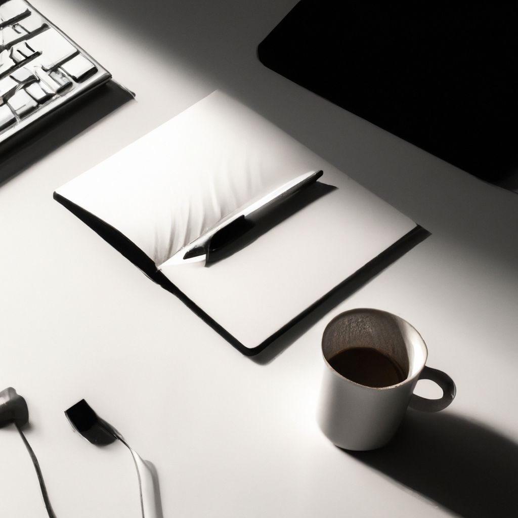 Espace de travail minimaliste avec casque, clavier, carnet et une tasse de café — prêt pour apprendre une langue en ligne.