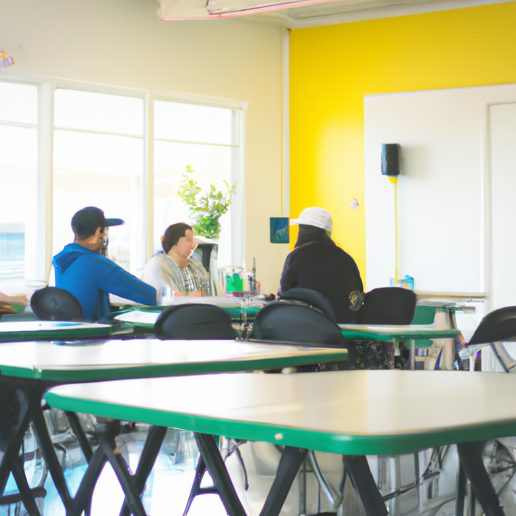 Salle lumineuse de LinguaÎles, étudiants en discussion autour d’une table, ambiance moderne et chaleureuse
